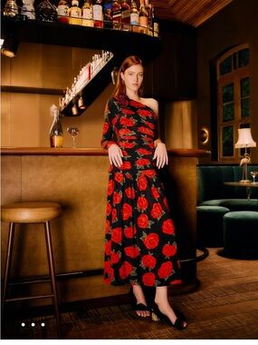 FARM Rio Black One-Shoulder Midi Dress with Red Rose Print